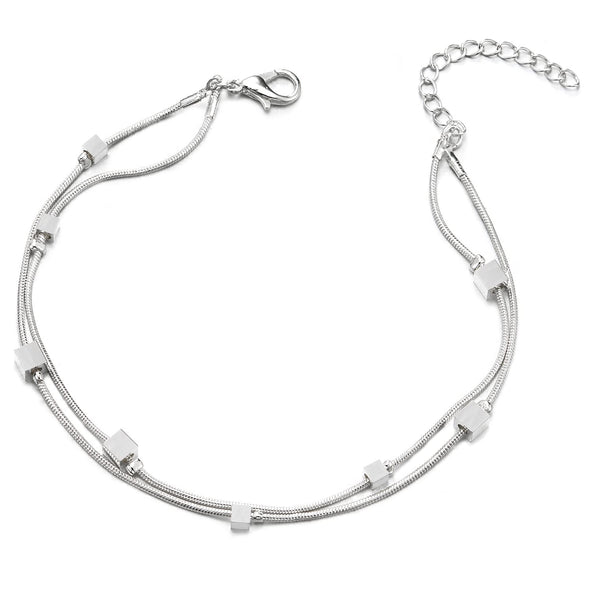 Two-Row Chain Anklet Bracelet with Charms of Cubes, Adjustable - COOLSTEELANDBEYOND Jewelry
