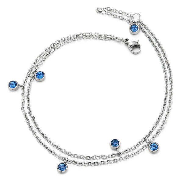 Two-Row Stainless Steel Anklet Bracelet with Dangling Circle Charms of Solitaire Blue Cubic Zirconia - COOLSTEELANDBEYOND Jewelry
