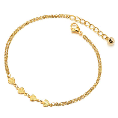 Two-Row Stainless Steel Gold Color Anklet Bracelet with Charms of Hearts and Jingle Bell - COOLSTEELANDBEYOND Jewelry