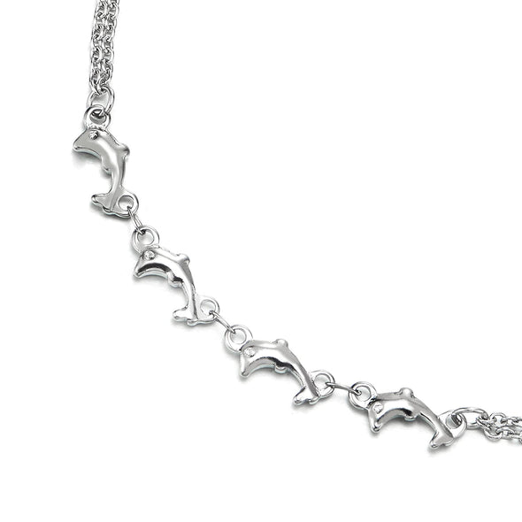 Two-Row Stainless Steel Link Chain Anklet Bracelet with Charms of Dolphins and Jingle Bell Adjustable - COOLSTEELANDBEYOND Jewelry