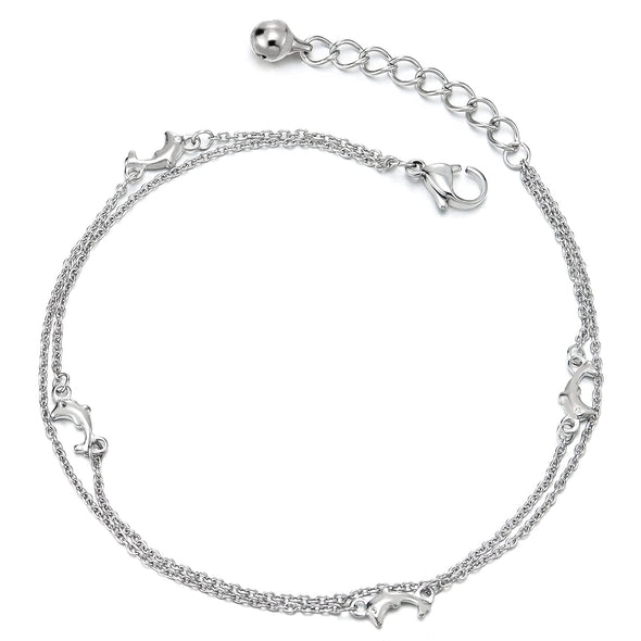 Two-Row Stainless Steel Link Chain Anklet Bracelet with Charms of Dolphins, Jingle Bell, Adjustable - COOLSTEELANDBEYOND Jewelry