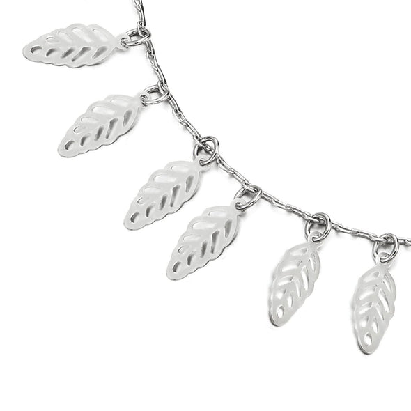 Unique Link Chain Anklet Bracelet with Dangling Charms of Leaves and Jingle Bell, Adjustable - COOLSTEELANDBEYOND Jewelry
