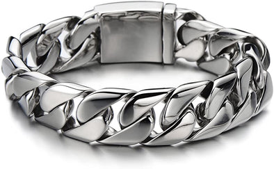 17MM Wide Stainless Steel Men’s Flat Curb Chain Bracelet Silver Color High Polished - COOLSTEELANDBEYOND Jewelry