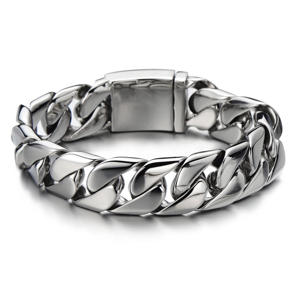 17MM Wide Stainless Steel Men’s Flat Curb Chain Bracelet Silver Color ...