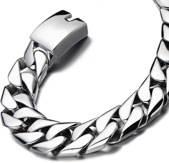 17MM Wide Stainless Steel Men’s Flat Curb Chain Bracelet Silver Color High Polished - COOLSTEELANDBEYOND Jewelry
