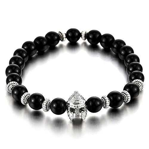 8MM Mens Women Black Onyx Beads Bracelet with Warrior Mask Charm - COOLSTEELANDBEYOND Jewelry