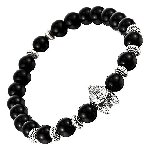 8MM Mens Women Black Onyx Beads Bracelet with Warrior Mask Charm - COOLSTEELANDBEYOND Jewelry