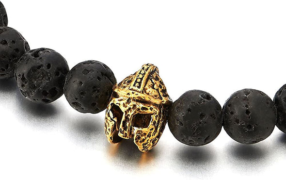 9MM Black Volcanic Lava Stone Men Women Stretchable Beads Bracelet, Gold Color Warrior Mask Charm - COOLSTEELANDBEYOND Jewelry