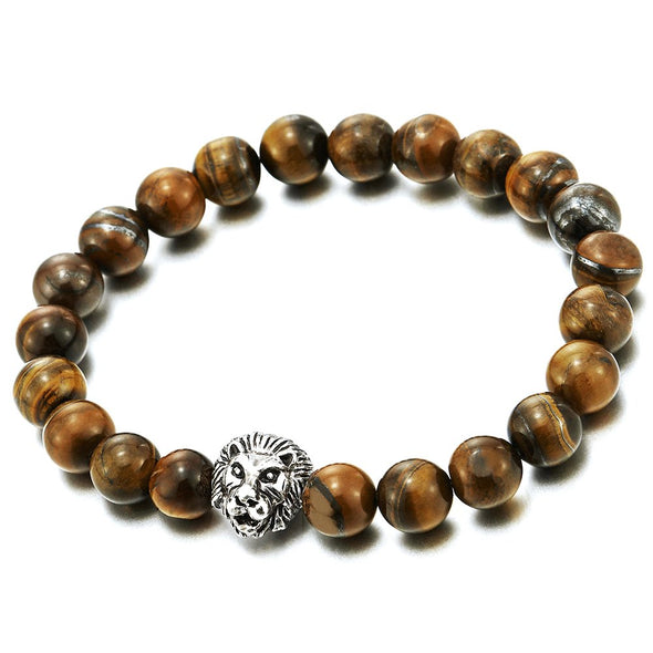 9MM Tiger Eye Stone Mens Women Stretchable Beads Bracelet with Lion Head, Prayer Mala - COOLSTEELANDBEYOND Jewelry