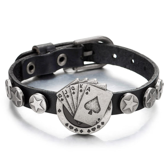 Ace Card Poker Spade Sequence Bead Charms Leather Wrap Wristband Bracelet with Circle Star Charms - COOLSTEELANDBEYOND Jewelry