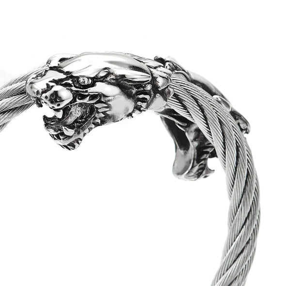 Adjustable Steel Mens Vintage Roaring Tiger Head Twisted Cable Cuff Bangle Bracelet with CZ Eyes - coolsteelandbeyond