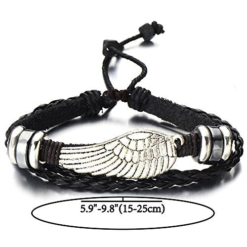 Angel Wing Multi-Strand Brown Leather Bracelet for Men Women Tribal Leather Wristband Wrap Bracelet - coolsteelandbeyond