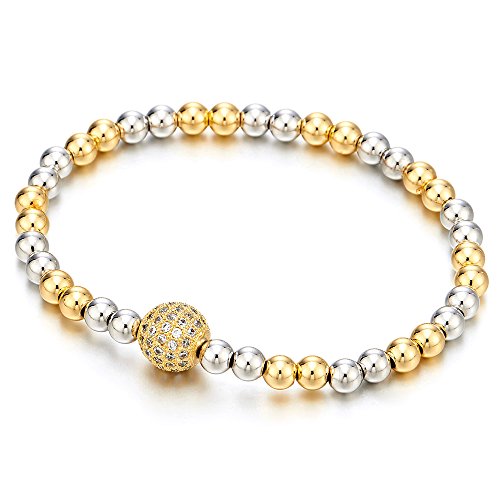 Beautiful Gold Silver Two-Tone Beads Bracelet for Women with Cubic Zirconia Ball - COOLSTEELANDBEYOND Jewelry