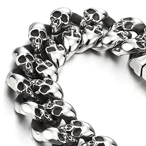COOLSTEELANDBEYOND Biker Gothic Skull Link Stainless Steel Bracelet for Men 8.5 inches Vintage Old Metal Finishing - coolsteelandbeyond
