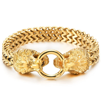 Biker Mens Gold Steel King Lion Head Franco Box Link Chain Bracelet Spring Ring Clasp 8.5 Inches - COOLSTEELANDBEYOND Jewelry