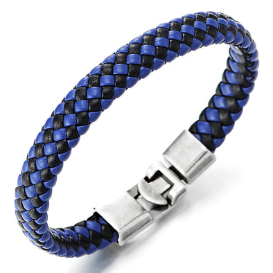 Black Blue Braided Leather Bracelet for Man Women, Leather Bangle Wristband, Vintage Hook Clasp - COOLSTEELANDBEYOND Jewelry