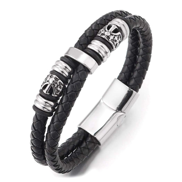 Black Braided Leather Bracelet Double-Row Bangle Wristband for Men, Steel Ornaments with Crosses - coolsteelandbeyond