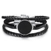 Black Braided Leather Bracelet for Men Women Three-Row Leather Wristband with Circle Wood - COOLSTEELANDBEYOND Jewelry