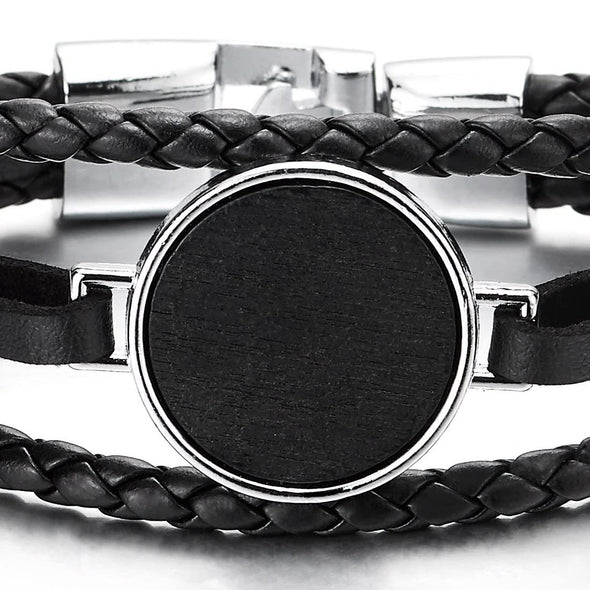 Black Braided Leather Bracelet for Men Women Three-Row Leather Wristband with Circle Wood - COOLSTEELANDBEYOND Jewelry