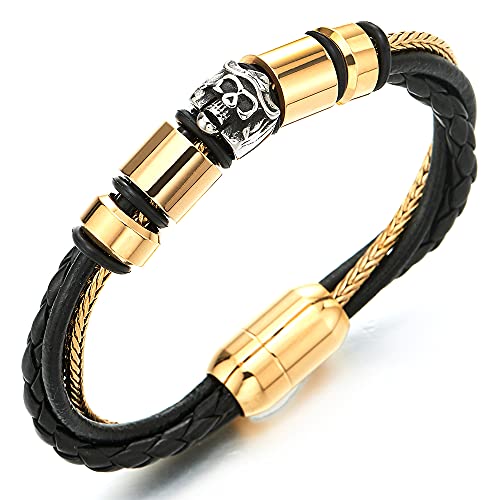 Black Braided Leather Bracelet Steel Gold Foxtail Chain Bangle, Captain Skull Gold Beads Charms - COOLSTEELANDBEYOND Jewelry