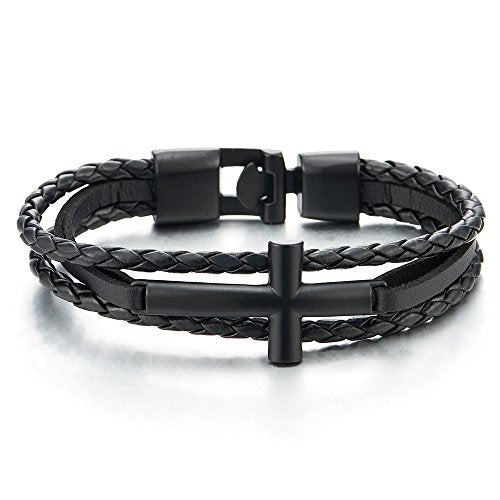 Black Horizontal Sideway Lateral Cross Brown Braided Leather Bangle ...
