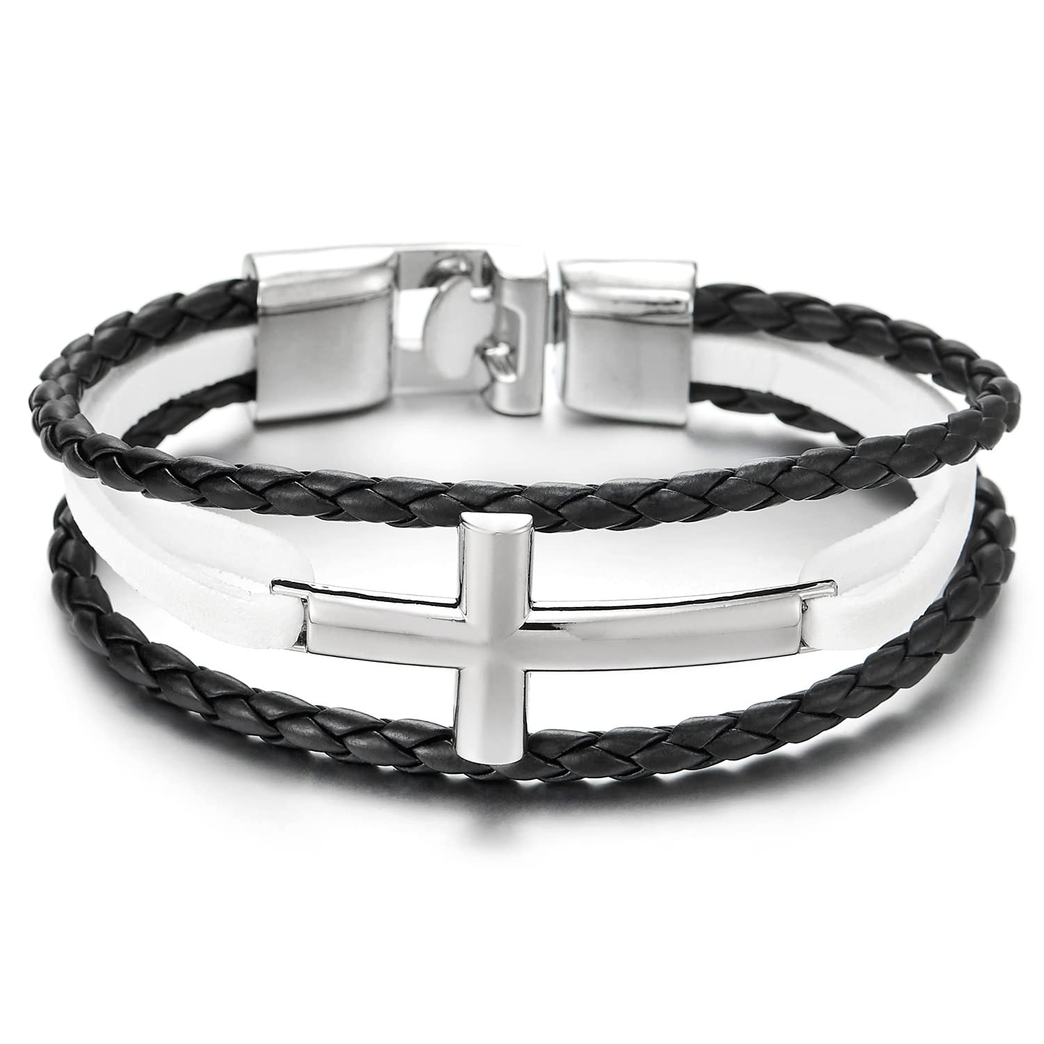 Black Horizontal Sideway Lateral Cross Brown Braided Leather Bangle ...