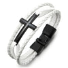 Black Horizontal Sideway Lateral Cross White Braided Leather Bangle Wristband Bracelet, Three-Row - COOLSTEELANDBEYOND Jewelry