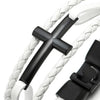 Black Horizontal Sideway Lateral Cross White Braided Leather Bangle Wristband Bracelet, Three-Row - COOLSTEELANDBEYOND Jewelry