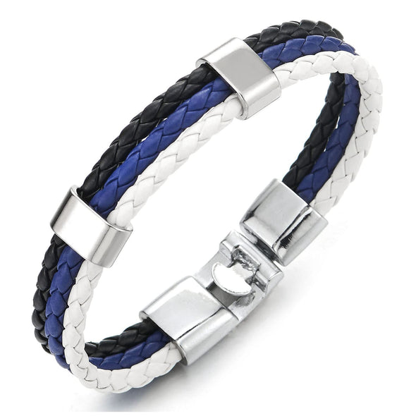 Blue White Black Three Strand Rows Braided Leather Bracelet for Mens Womens, Minimalist - COOLSTEELANDBEYOND Jewelry
