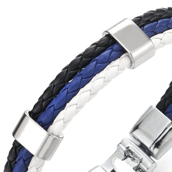 Blue White Black Three Strand Rows Braided Leather Bracelet for Mens Womens, Minimalist - COOLSTEELANDBEYOND Jewelry