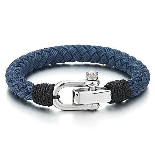 COOLSTEELANDBEYOND Large Blue Braided Cotton Rope Mens Womens Stainless Steel Nautical Screw Anchor Shackle Wrap Bracelet - coolsteelandbeyond