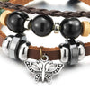 Butterfly Beads Charm Brown Leather Navy Blue Cotton Rope Wristband Wrap Bracelet for Women - COOLSTEELANDBEYOND Jewelry