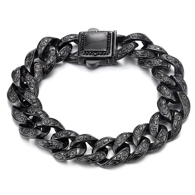 Chunky Heavy Mens Stainless Steel Curb Chain Bracelet 8.66 Inches Old Metal Finishing Silver and Black - COOLSTEELANDBEYOND Jewelry