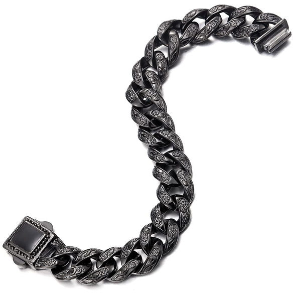 Chunky Heavy Mens Stainless Steel Curb Chain Bracelet 8.66 Inches Old Metal Finishing Silver and Black - COOLSTEELANDBEYOND Jewelry