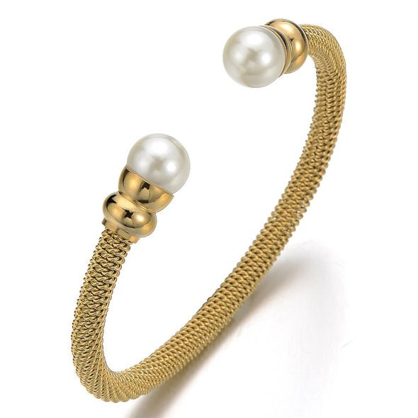 Classic Ladies Stainless Steel Twisted Cable Bangle Bracelet with Synthetic White Pearl - coolsteelandbeyond
