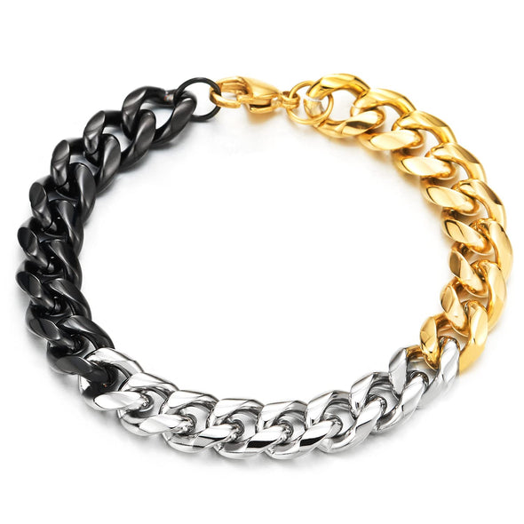 Classic Stainless Steel Curb Chain Bracelet for Men Women Silver Gold Black Tri-color Polished - COOLSTEELANDBEYOND Jewelry