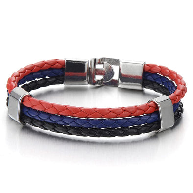 Colorful Black Red Blue Three Strand Rows Braided Leather Bracelet for Man for Women - COOLSTEELANDBEYOND Jewelry