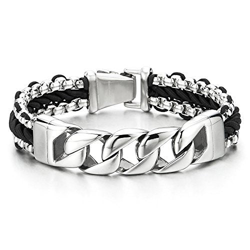COOLSTEELANDBEYOND 8.3 Inches Mens Stainless Steel Curb Chain Bracelet Interwoven with Black Braided Cotton Cord - coolsteelandbeyond