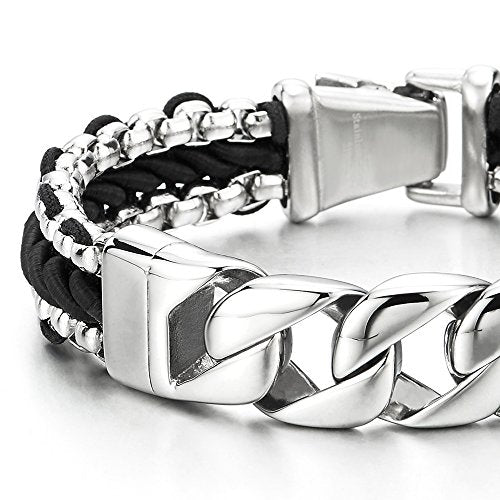 COOLSTEELANDBEYOND 8.3 Inches Mens Stainless Steel Curb Chain Bracelet Interwoven with Black Braided Cotton Cord - coolsteelandbeyond