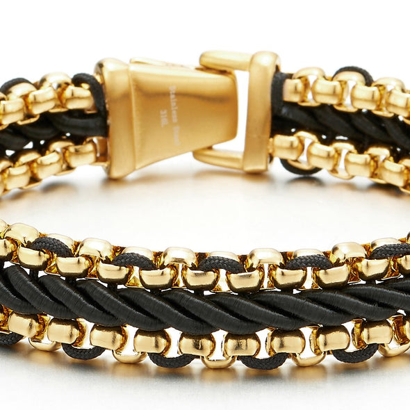 8.7 Inches Mens Steel Gold Color Curb Chain Bracelet Interwoven with Black Braided Cotton Cord - COOLSTEELANDBEYOND Jewelry