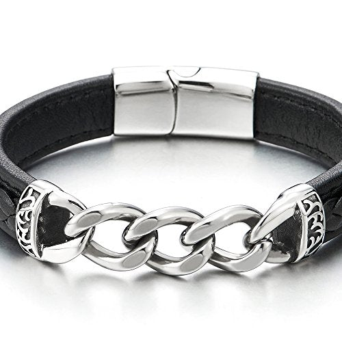 COOLSTEELANDBEYOND 8.7 Inches Mens Womens Stainless Steel Curb Chain Black Braided Leather Bangle Bracelet - coolsteelandbeyond