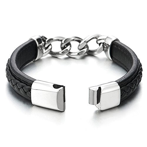 COOLSTEELANDBEYOND 8.7 Inches Mens Womens Stainless Steel Curb Chain Black Braided Leather Bangle Bracelet - coolsteelandbeyond