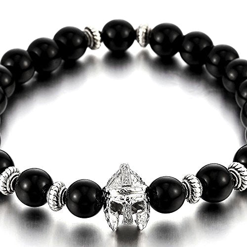 COOLSTEELANDBEYOND 8MM Mens Black Onyx Beads Bracelet with Warrior Mask Charm - coolsteelandbeyond