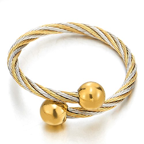 COOLSTEELANDBEYOND A Set of Ladies Adjustable Stainless Steel Gold Silver Twisted Cable Bangle Ball Bracelet and Ring - coolsteelandbeyond
