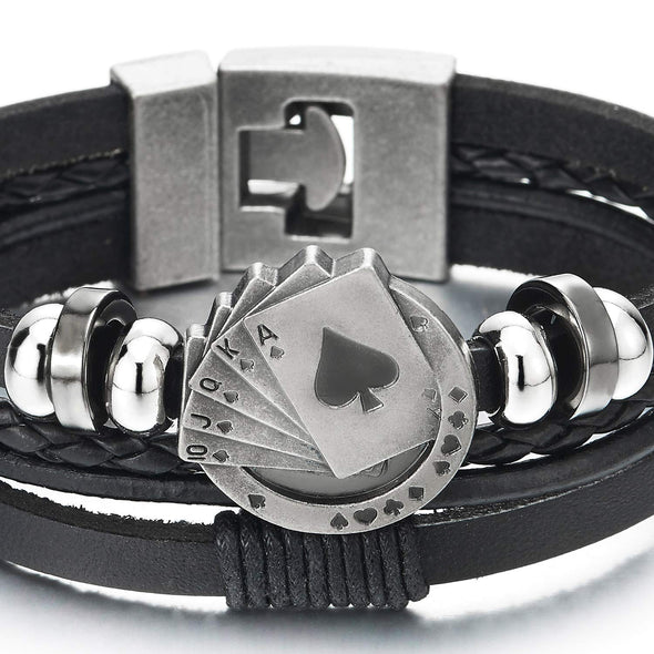 Ace Card Poker Spade Sequence Bead Charms Multi-Strand Black Braided Leather Wrap Wristband Bracelet - COOLSTEELANDBEYOND Jewelry