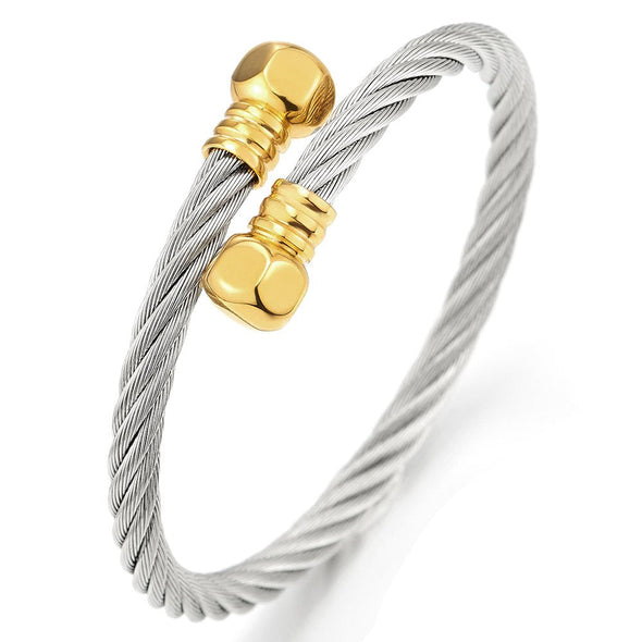COOLSTEELANDBEYOND Adjustable Mens Women Twisted Cable Cuff Bangle Bracelet Stainless Steel Silver Gold Polished - coolsteelandbeyond