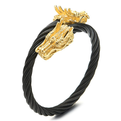 Adjustable Stainless Steel Mens Black Cuff Bangle Bracelet with Gold Color Dragons - COOLSTEELANDBEYOND Jewelry