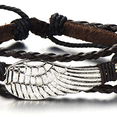 Angel Wing Multi-Strand Brown Braided Leather Bracelet for Men Women Leather Wristband Wrap Bracelet - COOLSTEELANDBEYOND Jewelry