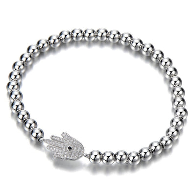 COOLSTEELANDBEYOND Beads Bracelet for Womens Men with Cubic Zirconia Hamsa Hand of Fatima - COOLSTEELANDBEYOND Jewelry