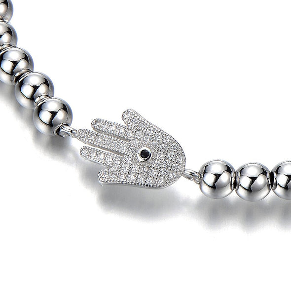 COOLSTEELANDBEYOND Beads Bracelet for Womens Men with Cubic Zirconia Hamsa Hand of Fatima - COOLSTEELANDBEYOND Jewelry